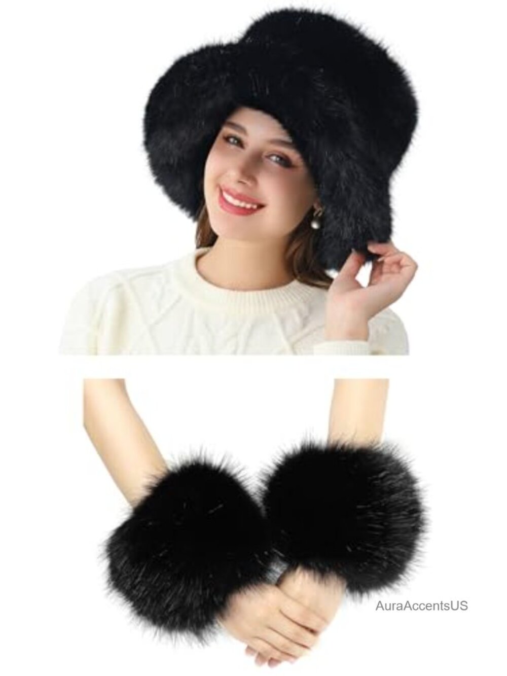 Faux Fur Bucket Hat and Wrist Cuffs Set Quilted Lined Winter Accessory